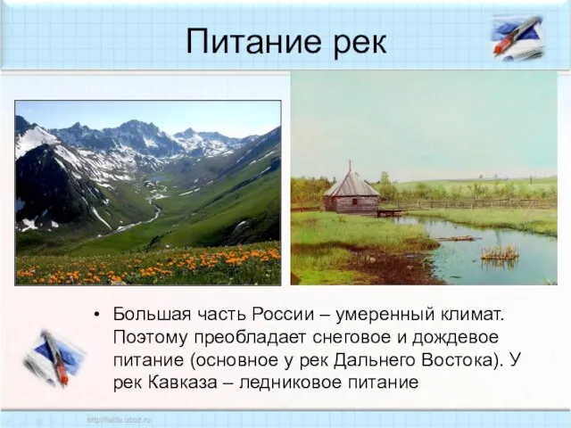 Питание рек Большая часть России – умеренный климат. Поэтому преобладает снеговое и