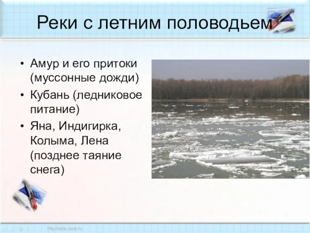 Реки с летним половодьем Амур и его притоки (муссонные дожди) Кубань (ледниковое
