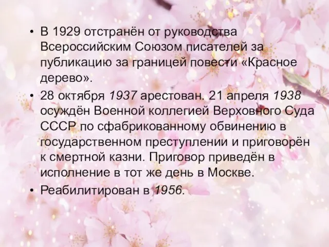 В 1929 отстранён от руководства Всероссийским Союзом писателей за публикацию за границей