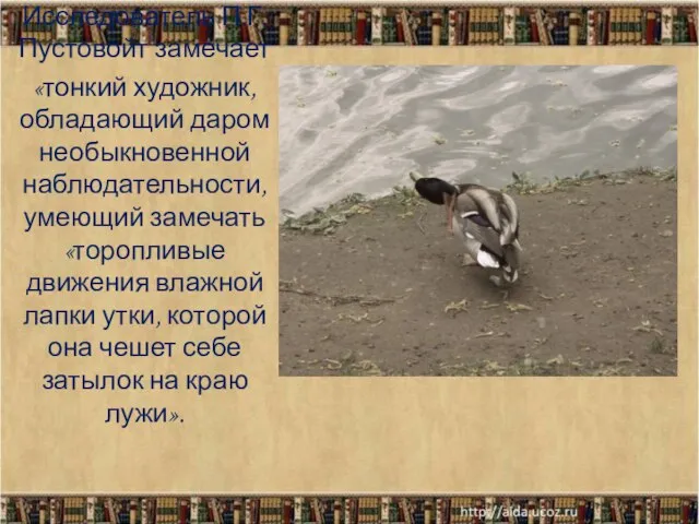 Исследователь П.Г. Пустовойт замечает «тонкий художник, обладающий даром необыкновенной наблюдательности, умеющий замечать