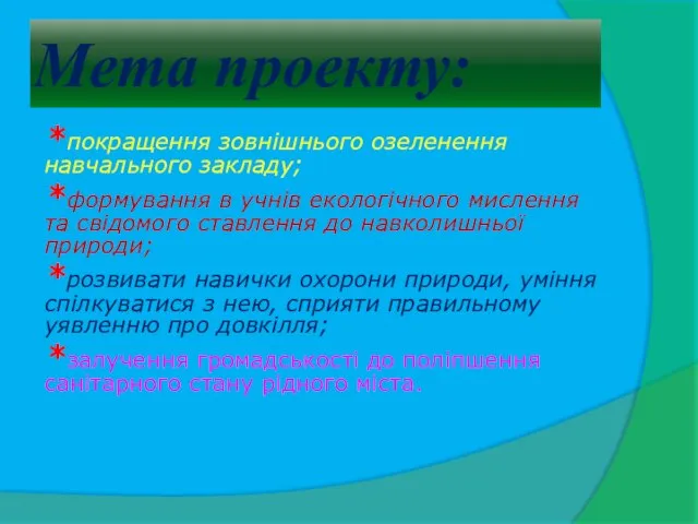 Мета проекту: *покращення зовнішнього озеленення навчального закладу; *формування в учнів екологічного мислення