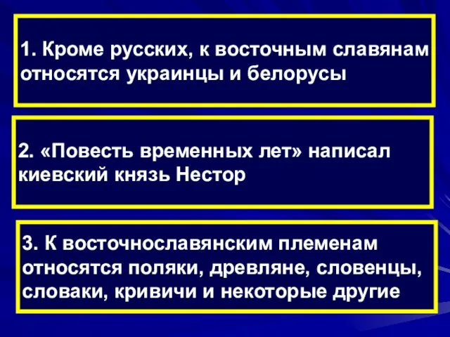 1. Кроме русских, к восточным славянам относятся украинцы и белорусы 2. «Повесть