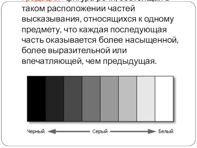 Градация- фигура речи, состоящая в таком расположении частей высказывания, относящихся к одному