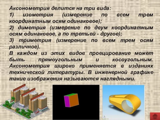 Аксонометрия делится на три вида: 1) изометрия (измерение по всем трем координатным