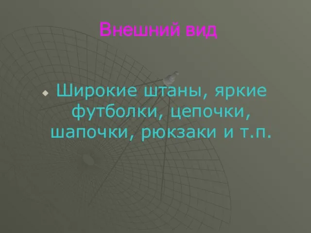 Внешний вид Широкие штаны, яркие футболки, цепочки, шапочки, рюкзаки и т.п.