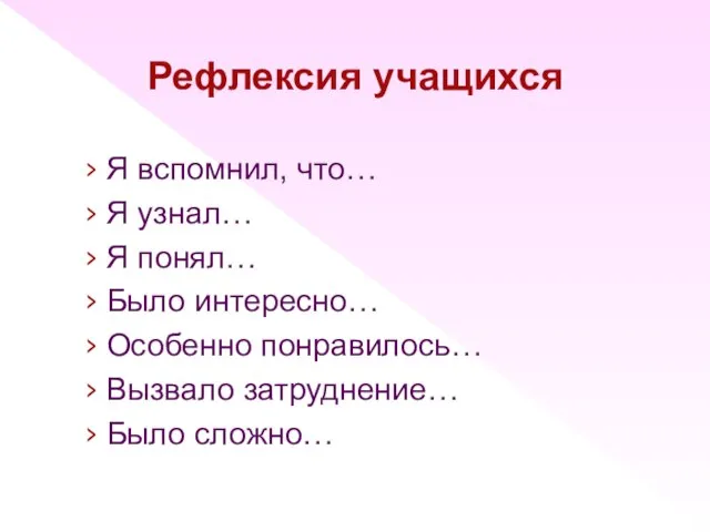 Рефлексия учащихся Я вспомнил, что… Я узнал… Я понял… Было интересно… Особенно