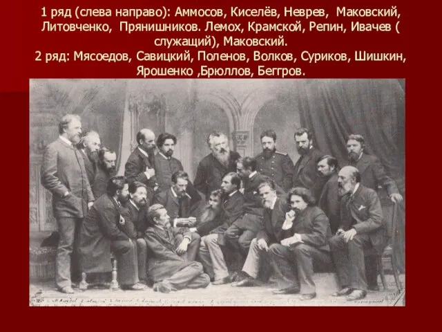 1 ряд (слева направо): Аммосов, Киселёв, Неврев, Маковский, Литовченко, Прянишников. Лемох, Крамской,