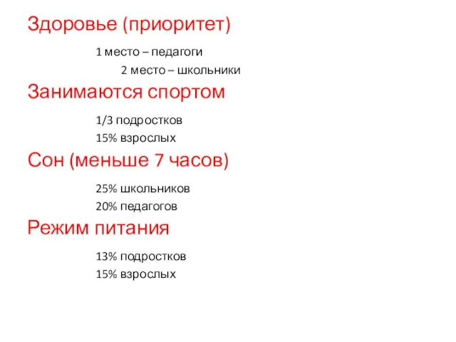 Здоровье (приоритет) 1 место – педагоги 2 место – школьники Занимаются спортом