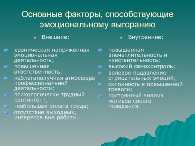 Основные факторы, способствующие эмоциональному выгоранию Внешние: хроническая напряженная эмоциональная деятельность; повышенная ответственность;