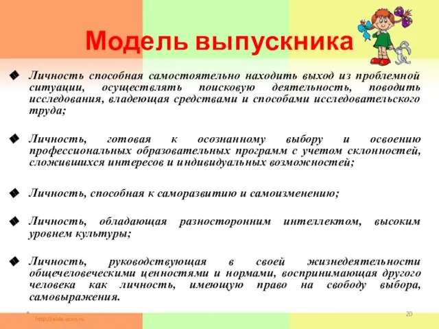 Модель выпускника Личность способная самостоятельно находить выход из проблемной ситуации, осуществлять поисковую