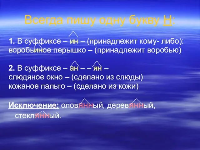 Всегда пишу одну букву Н: 1. В суффиксе – ин – (принадлежит