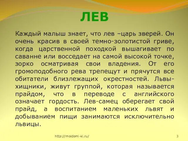 http://moidomi-ki.ru/ ЛЕВ Каждый малыш знает, что лев –царь зверей. Он очень красив