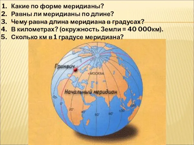 Какие по форме меридианы? Равны ли меридианы по длине? Чему равна длина