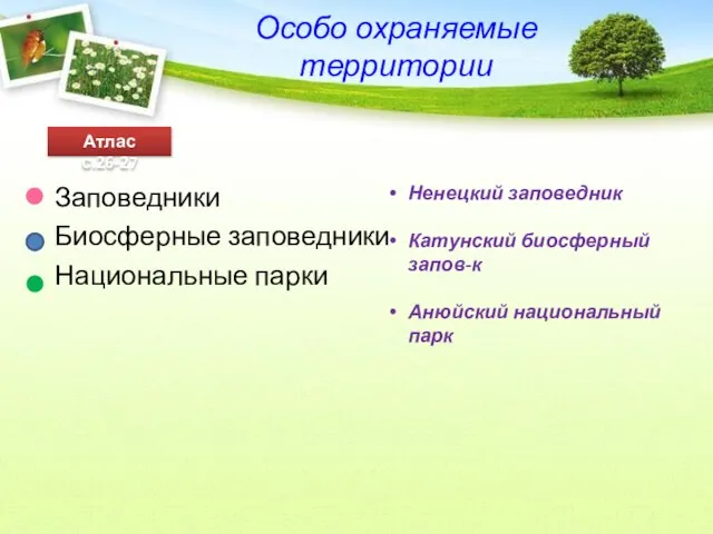 Особо охраняемые территории Заповедники Биосферные заповедники Национальные парки Атлас с.26-27 Ненецкий заповедник