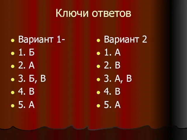 Ключи ответов Вариант 1- 1. Б 2. А 3. Б, В 4.