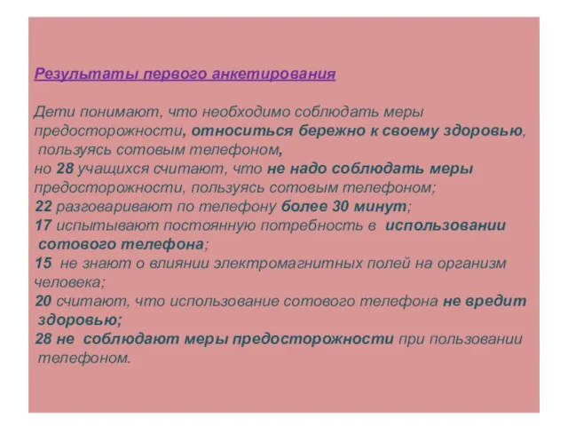 Результаты первого анкетирования Дети понимают, что необходимо соблюдать меры предосторожности, относиться бережно