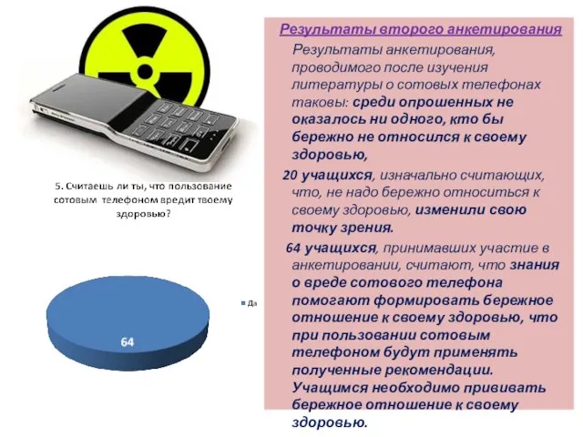 Результаты второго анкетирования Результаты анкетирования, проводимого после изучения литературы о сотовых телефонах