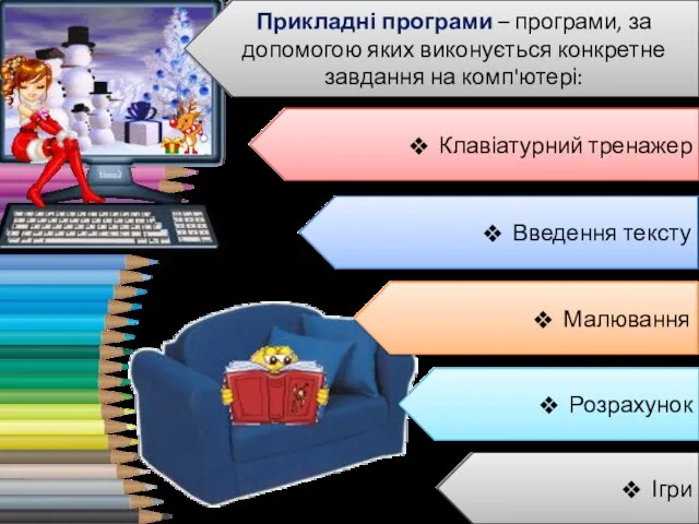 Прикладні програми – програми, за допомогою яких виконується конкретне завдання на комп'ютері: