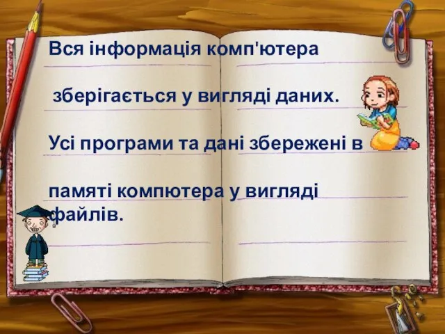 Вся інформація комп'ютера зберігається у вигляді даних. Усі програми та дані збережені