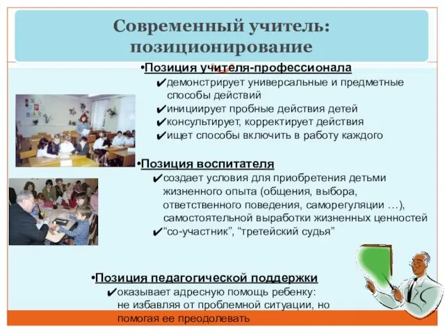 Современный учитель: позиционирование Позиция учителя-профессионала демонстрирует универсальные и предметные способы действий инициирует