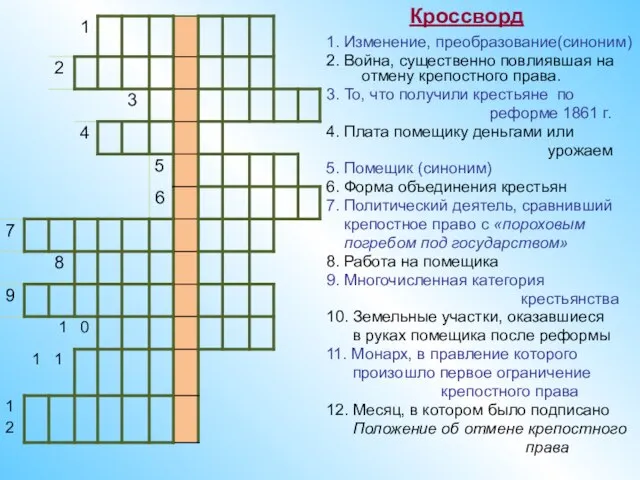 1. Изменение, преобразование(синоним) 2. Война, существенно повлиявшая на отмену крепостного права. 3.