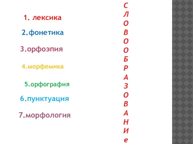 1. лексика 2.фонетика 3.орфоэпия 4.морфемика 5.орфография 6.пунктуация 7.морфология С Л О В