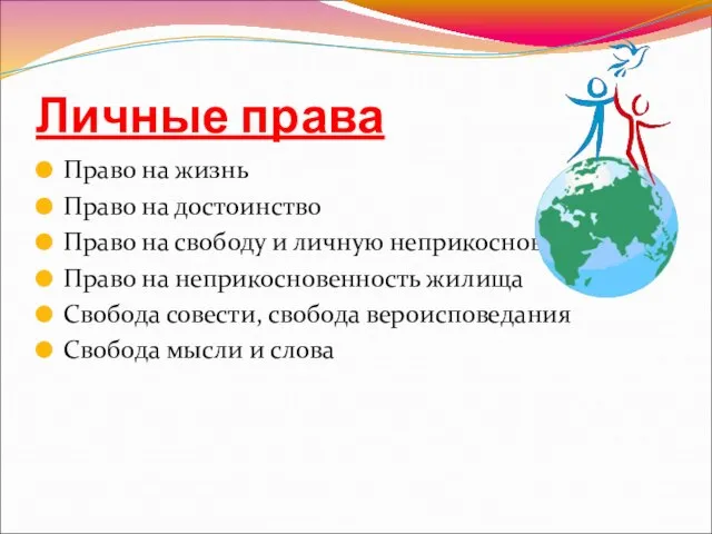 Личные права Право на жизнь Право на достоинство Право на свободу и