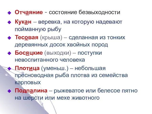 Отчаяние - состояние безвыходности Кукан – веревка, на которую надевают пойманную рыбу