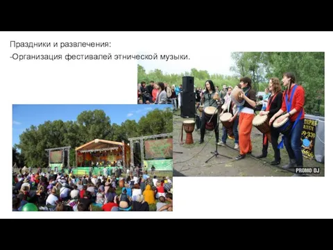 Праздники и развлечения: -Организация фестивалей этнической музыки.