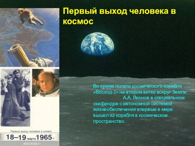 Первый выход человека в космос Во время полета космического корабля «Восход-2» на