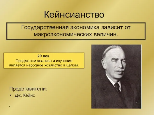 Кейнсианство Государственная экономика зависит от макроэкономических величин. 20 век. Предметом анализа и