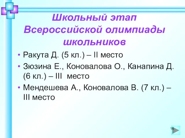 Школьный этап Всероссийской олимпиады школьников Ракута Д. (5 кл.) – II место