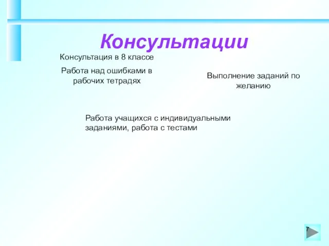 Консультации Консультация в 8 классе Работа над ошибками в рабочих тетрадях Выполнение