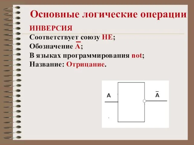 Основные логические операции ИНВЕРСИЯ Соответствует союзу НЕ; Обозначение А; В языках программирования not; Название: Отрицание.