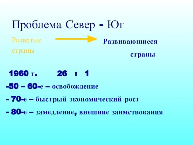 Проблема Север - Юг Развитые страны Развивающиеся страны 1960 г. 26 :