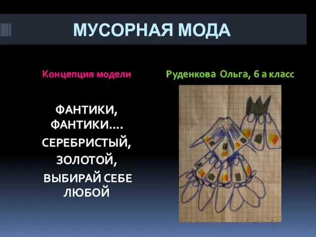 МУСОРНАЯ МОДА Концепция модели Руденкова Ольга, 6 а класс ФАНТИКИ, ФАНТИКИ…. СЕРЕБРИСТЫЙ, ЗОЛОТОЙ, ВЫБИРАЙ СЕБЕ ЛЮБОЙ