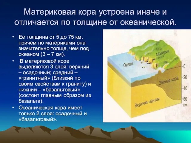 Материковая кора устроена иначе и отличается по толщине от океанической. Ее толщина