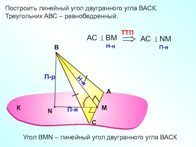 Построить линейный угол двугранного угла ВАСК. Треугольник АВС – равнобедренный. А С