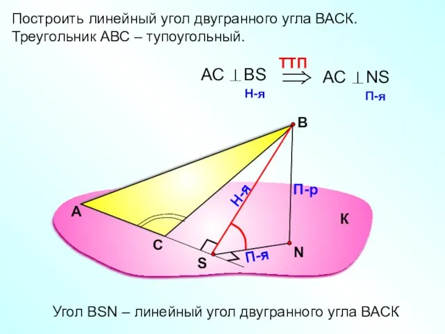 Построить линейный угол двугранного угла ВАСК. Треугольник АВС – тупоугольный. А В