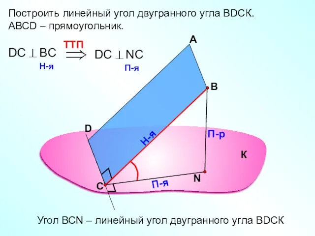 Построить линейный угол двугранного угла ВDСК. АВСD – прямоугольник. А В П-р