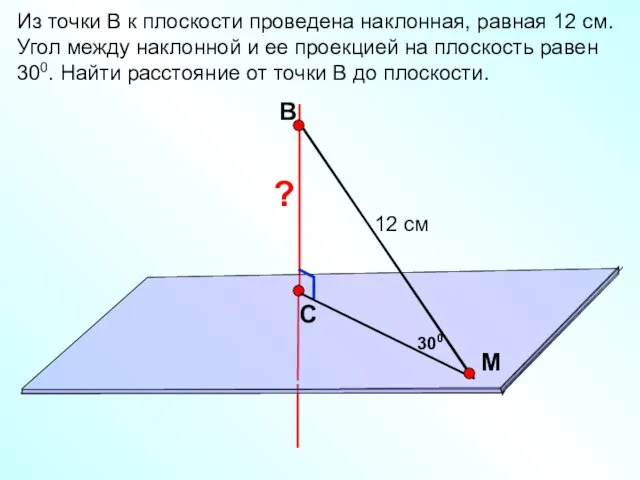 В С M Из точки В к плоскости проведена наклонная, равная 12