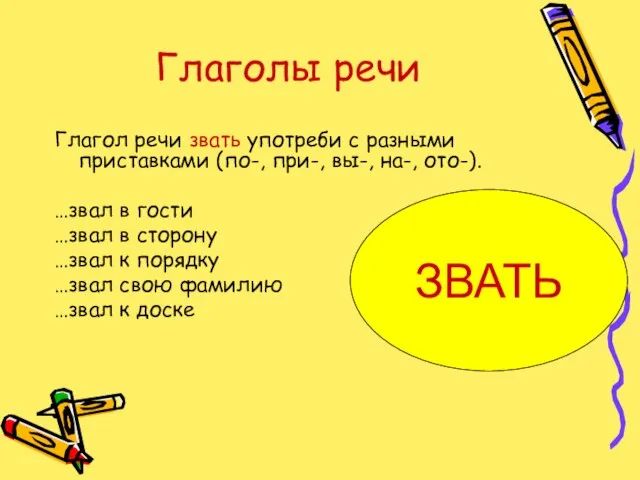 Глаголы речи Глагол речи звать употреби с разными приставками (по-, при-, вы-,