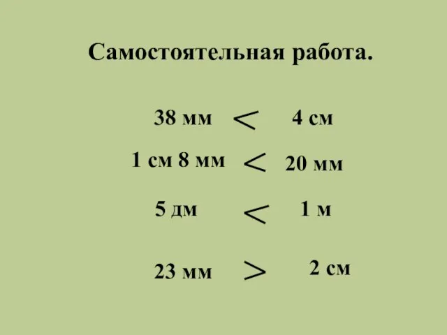 Самостоятельная работа. 38 мм 5 дм 1 см 8 мм 23 мм