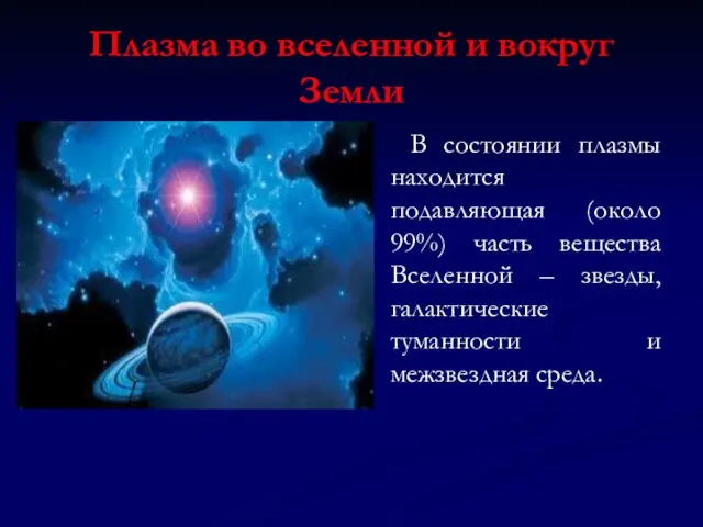 Плазма во вселенной и вокруг Земли В состоянии плазмы находится подавляющая (около