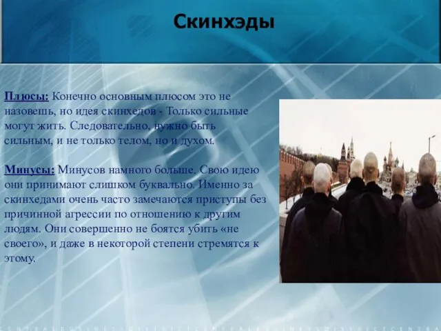 Скинхэды Плюсы: Конечно основным плюсом это не назовешь, но идея скинхедов -