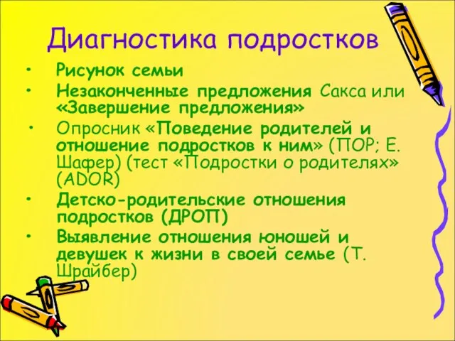 Диагностика подростков Рисунок семьи Незаконченные предложения Сакса или «Завершение предложения» Опросник «Поведение