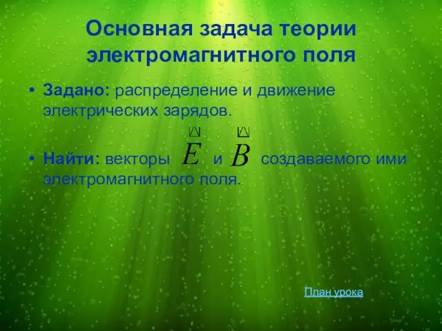 Основная задача теории электромагнитного поля Задано: распределение и движение электрических зарядов. Найти: