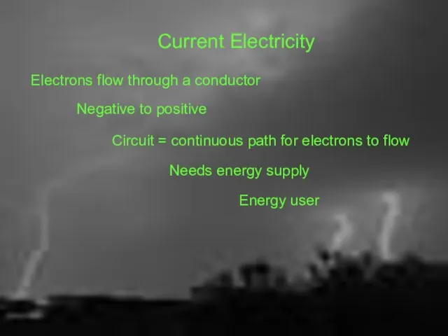 Current Electricity Electrons flow through a conductor Negative to positive Circuit =
