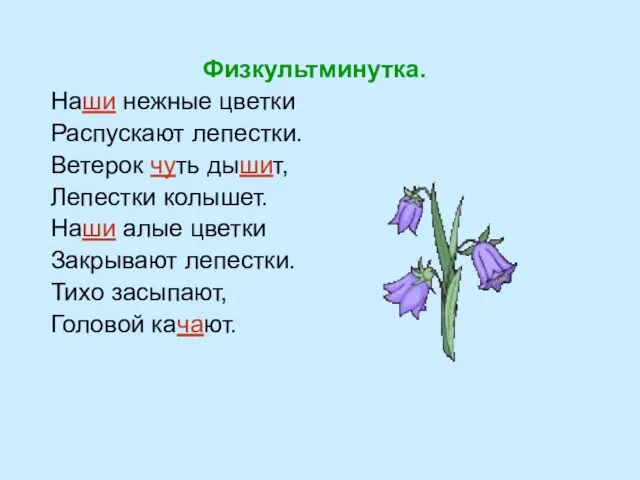 Физкультминутка. Наши нежные цветки Распускают лепестки. Ветерок чуть дышит, Лепестки колышет. Наши