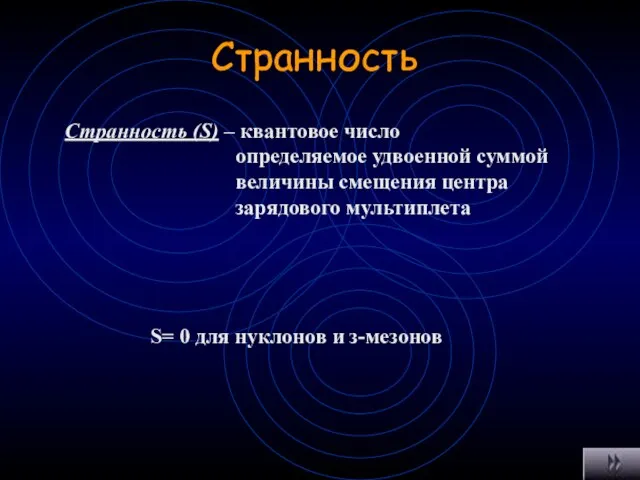 Странность Странность (S) – квантовое число определяемое удвоенной суммой величины смещения центра